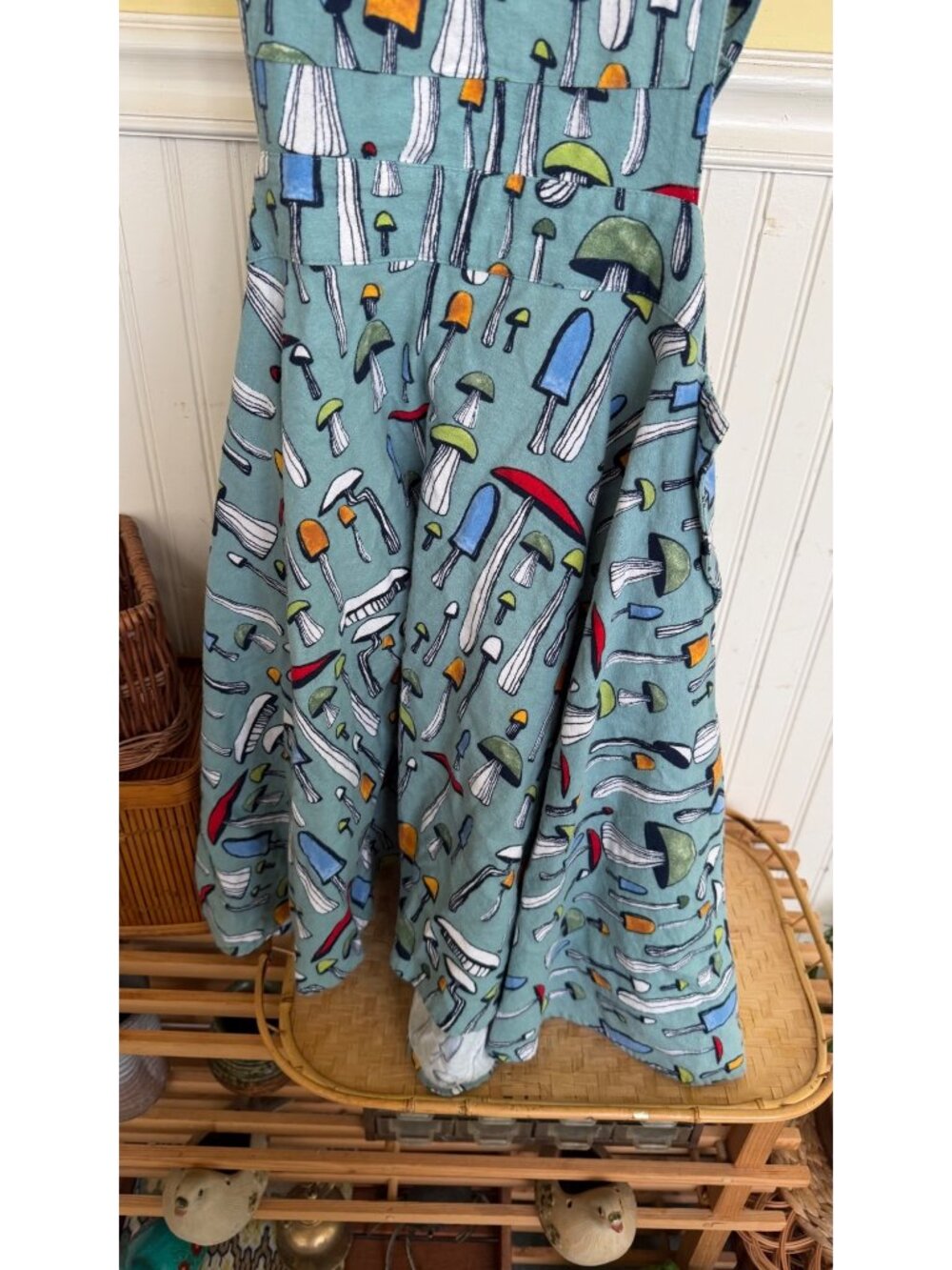 Unique Vintage Mushroom Print Jumper Dress 2X Adjustable Straps Pockets Blue Mul - Picture 7 of 7